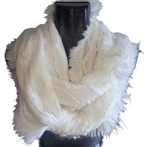White Knit Scarf with Fringed Ends